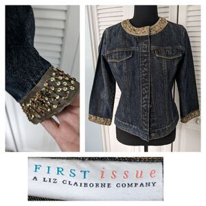 Liz Claiborne First Issue Women's sz S Jean Denim Retro Gold Sequined Jacket